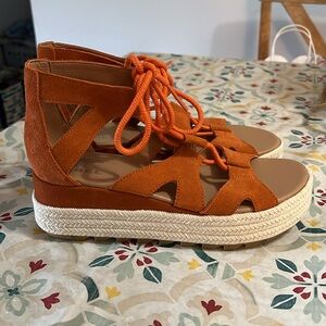 Orange Sorel Cameron Flatform Lace Wedge Sandals